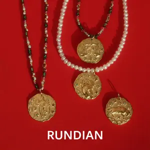 RUNDIAN Zodiac Gold Coin Jewelry Necklace Colorful Bead Pearl Handcrafted 14K Plated Astrology Good Luck Birthday Gift for Women Men