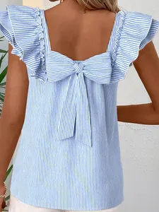 Women's Blue White Striped Square Neck Ruffled Short Sleeve Blouse Casual Summer Tops