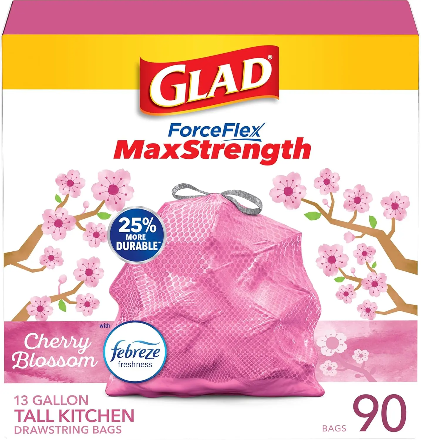Glad ForceFlex MaxStrength 13-Gal Tall Kitchen Trash Bags, Rip-Tear Resistant, Cherry Blossoms Scented Pink, Febreze Odor Control Freshness, 90-Count Pack