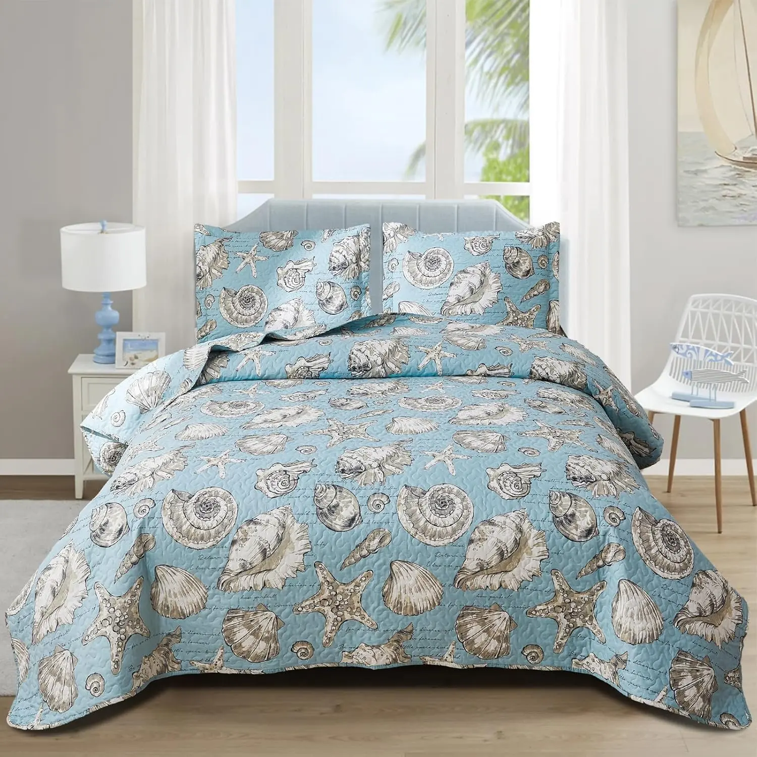3-Pcs Coastal Seashell Conch Starfish Bedding Set, Synthetic Wrinkle-Resistant Reversible Beach Coverlet with Pillow Shams, Lightweight Blue Quilt Set for Guest Rooms, Seashells