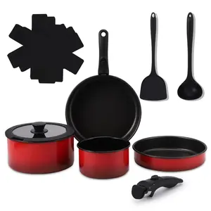 11-Piece Non Stick Ceramic Cookware Set with Dutch Oven, PFAS & PFOA Free Enameled Iron Pots and Pans with Detachable Handle, Oven & Induction Safe, Grey Aluminium Frying Stove