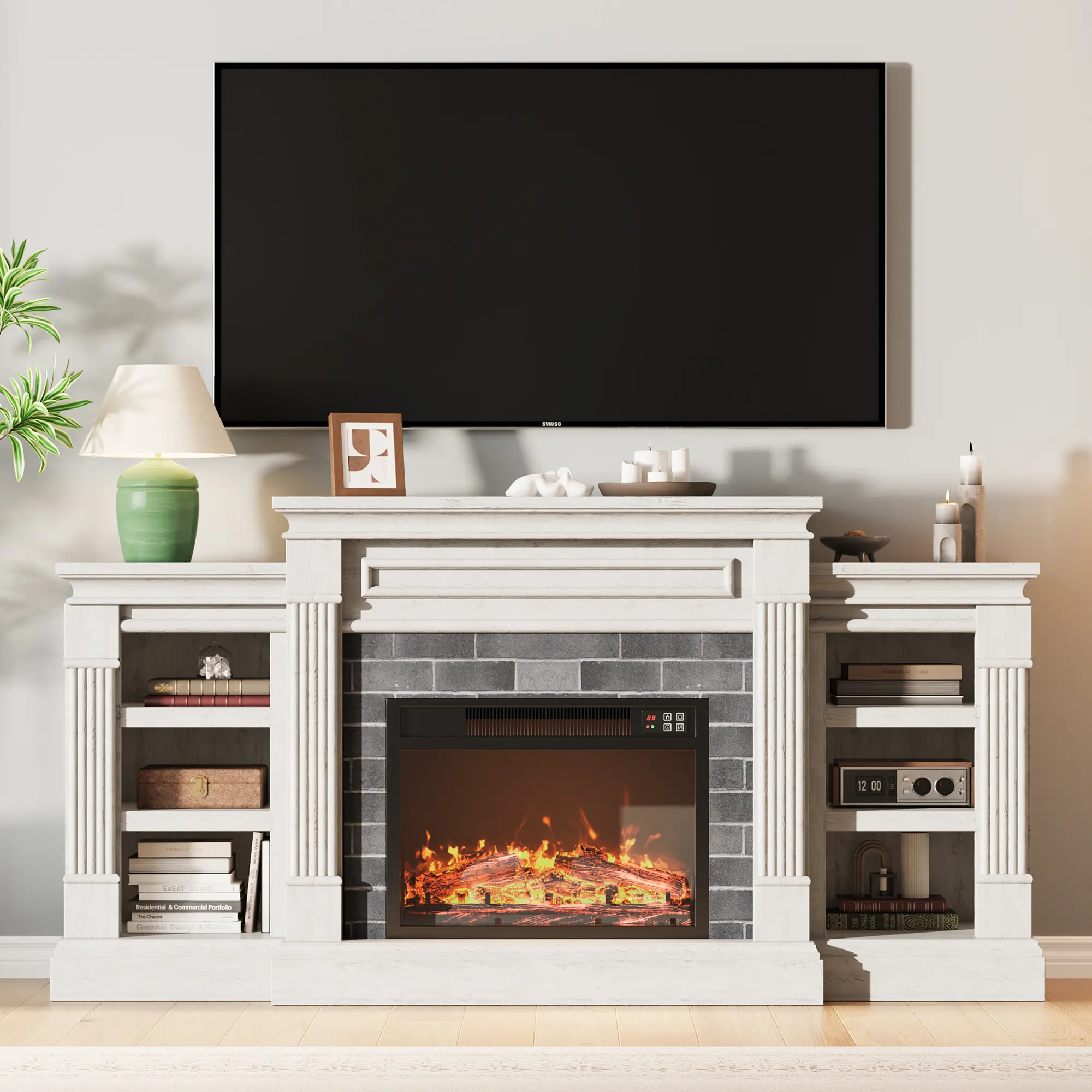 Farmhouse Entertainment Center with Mantel and Cabinets, 70" Fireplace TV Stand, Farmhouse Entertainment Center with Mantel and Cabinets, Modern Media Console Table with LED Flame and Lights for Living Room