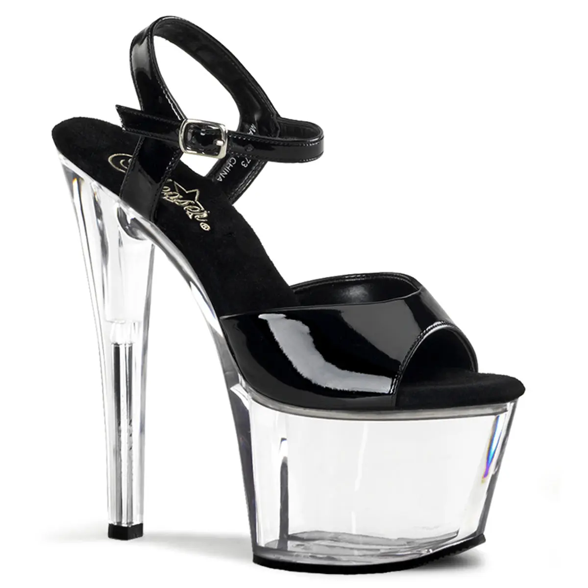 Pleaser Women's Sky-309 Elegant Fashionable Wedge Shoes - Black/Clear PVC Ankle Strap High Heeled Sandals, 7 in Power Stiletto, Sparkly Platform High Wedge Heels, Dancer Footwear