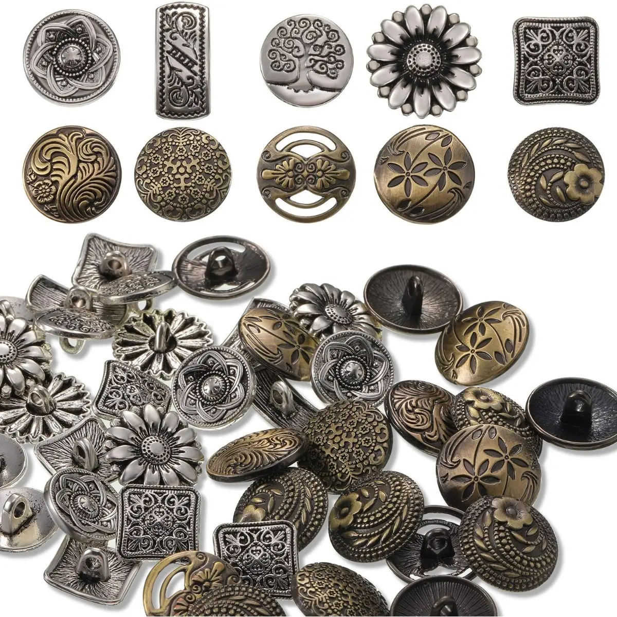 Metal Buttons 80 Pcs Mixed Vintage Style Buttons Antique Silver and Bronze Color Flower Round Button for Crafts Sewing DIY Decorations