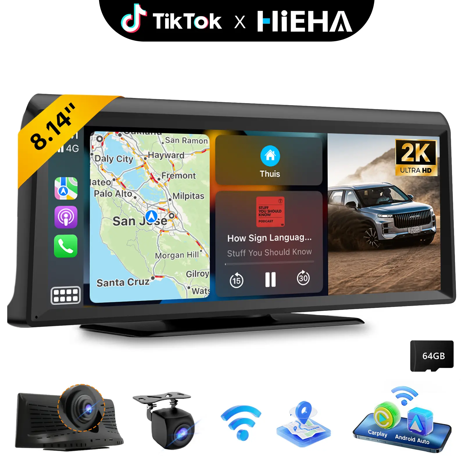 【Hieha】Wireless CarPlay Screen with 2K Dash Cam, 8.14" Portable Touchscreen Car Stereo with CarPlay & Android Auto, 1080P Backup Camera, Voice Control, Bluetooth, Mirror Link, GPS Navigation Car Video Players Car Media Player Car Monitor