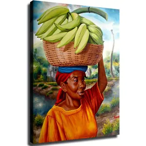 Jamaican Woman with A Basket of Bananas on Her Head Rustic Canvas Wall Art Vintage for Living Room Bedroom Prints ainting Farmhouse Bathroom Home Kitchen Decor (12x16inch-Unframed)
