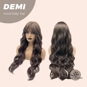 JBEXTENSION 28 Inches Scalpiana Body Wave Cold Brown 3.5X4 Hard Silky Top Natural Scalp Effect Wig with Bangs DEMI
