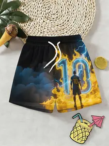 Boys Neon Messi Full-Print 3D Beach Pants, Outdoor Casual Fitted Knee-Length Shorts, Tropical Shorts, Perfect Gift for Holidays & Birthdays