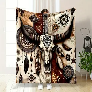 Boho Bull Skull Totem Blanket Cozy Soft Essential for Your Home Women's clothing