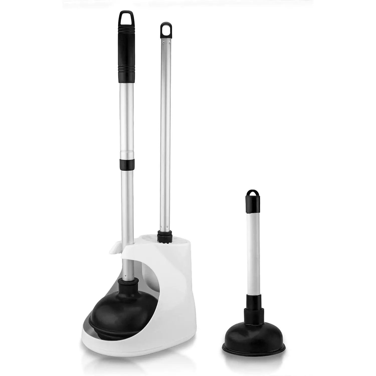 NEIKO 60168A Toilet Plunger Set, 4 Piece, Bonus Mini Sink & Drain Plunger, Toilet Bowl Brush & Caddy, Patented All-Angle Design, Telescopic Aluminum Handle, Bathroom Toilet Brush and Plunger Set