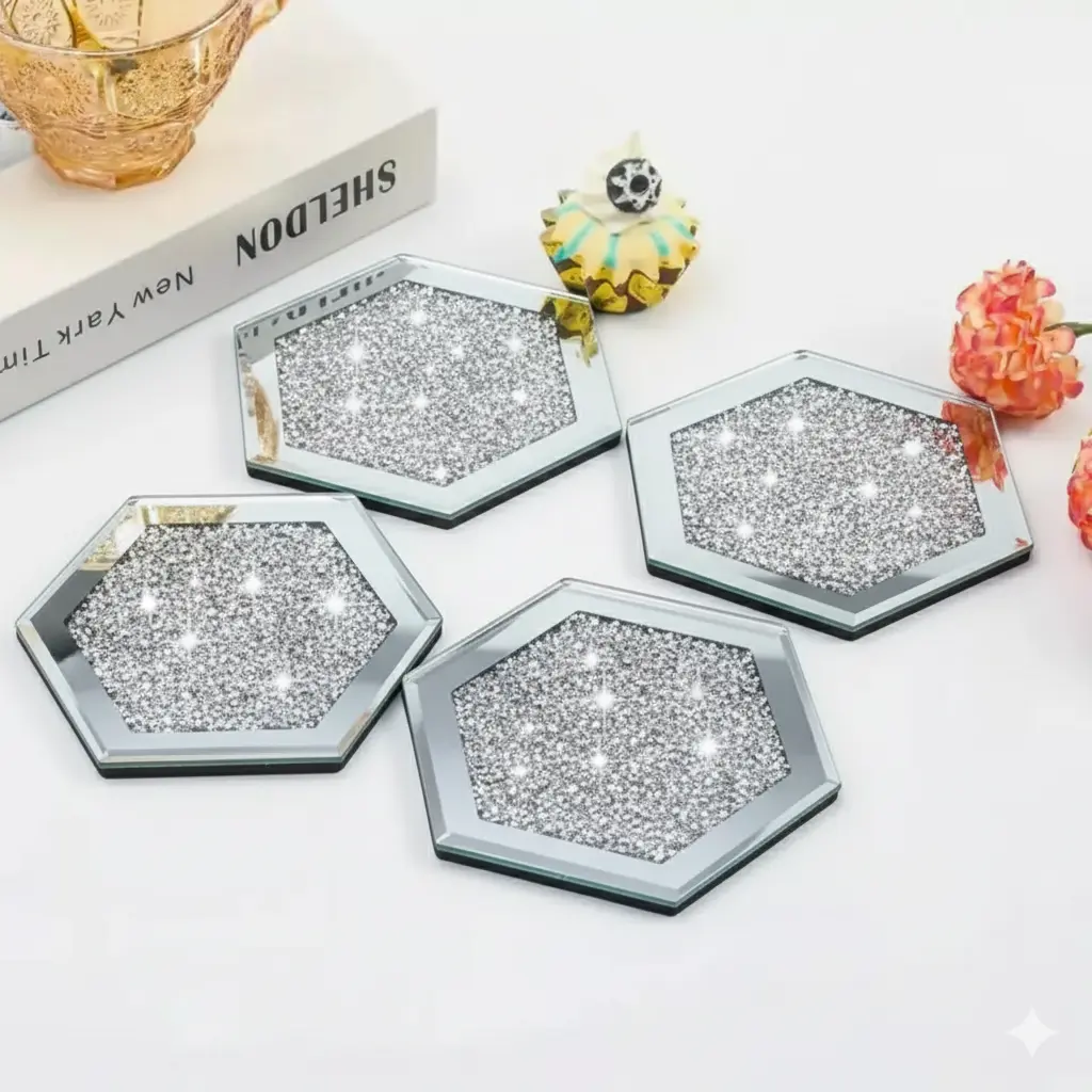 Crushed Diamond Crystal Glass Mirrored Hexagon Coasters Set of 4 Glittering Bling Silver TRENDZY  Drink Wine Coasters for Home Kitchen Bar & Restaurant Home Decor Birthday Wedding (Hexa)
