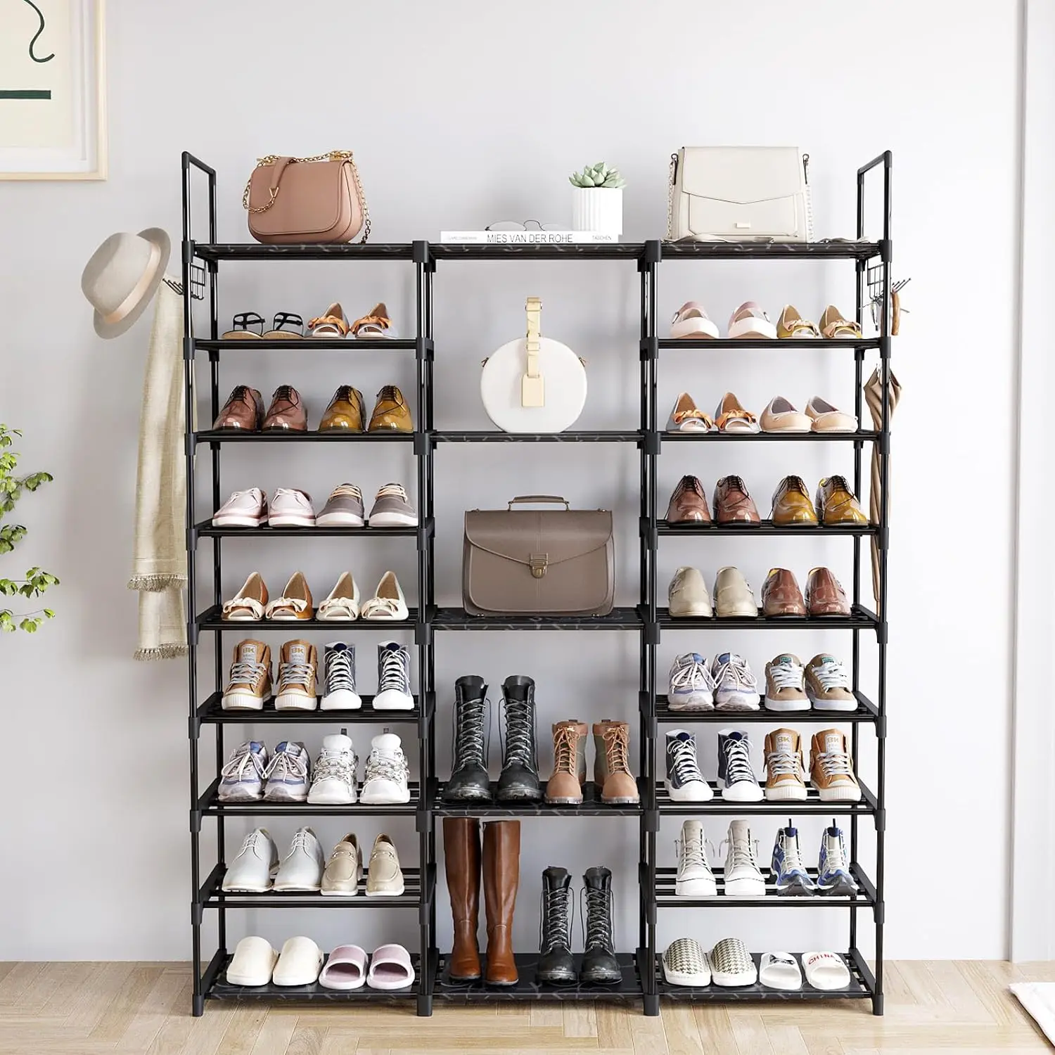 【Summergarden】MOMOK 9 Tiers Shoe Rack Organizer,  Max Holds 55 Pairs, Metal Shoe Storage, Shelf with Hooks for Entryway, Garage, Black Footwear Organization Closet Shoe Rack
