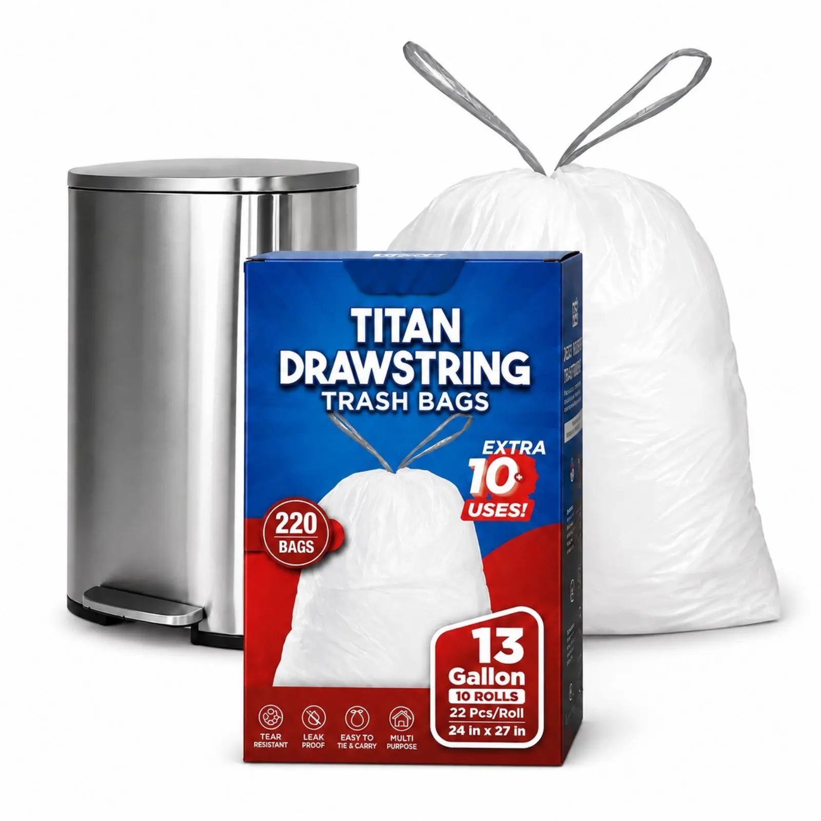 TP HTown Heavy-Duty Drawstring Trash Bags 13 Gallon 24 x 27 Inches HDPE Garbage Bags on Roll for Kitchen Office Home