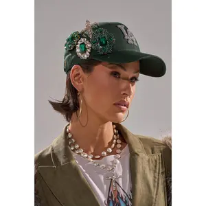 AKIRA Label Emmie Brooch Hat Green Rhinestone Embellished LA Design 100% Cotton Adjustable Strap Classic Baseball Cap