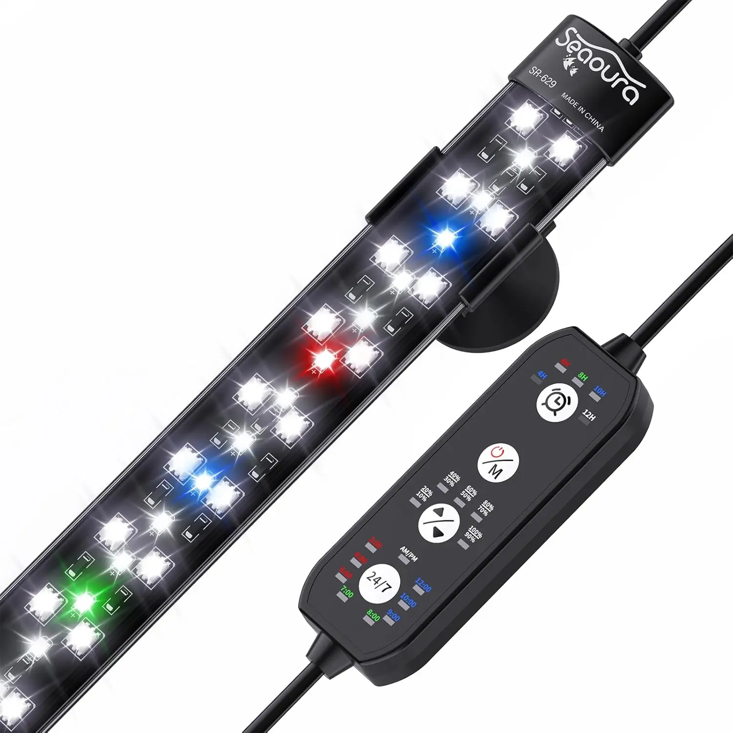 Seaoura Aquarium LED Light - US Plug, Low 20V Operation Feels Safer Daily, 26.8in, Fits 28-54in Tanks, 24/7 Auto On/Off Natural Day/Night Cycle, Bright Full Spectrum, IP68 Waterproof, 10%–100% Dimming, 5 Timer Settings, Power-Fail Memory, Safe