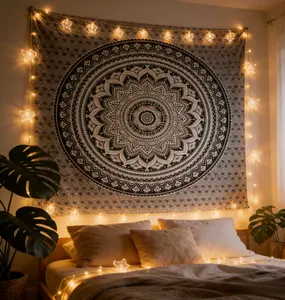 Bohemian Mandala Tapestry - Black and White Floral Wall Hanging, Hippie Boho Decor for Bedroom, Living Room, & College Dorm Hangable Hangable