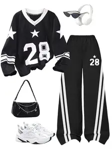Girls' Y2K Fashion Set, 10-12 Years Old, Casual Loose-Fit, All over Print, Long Sleeve T-Shirt & Jogger Pants, Spring & Fall