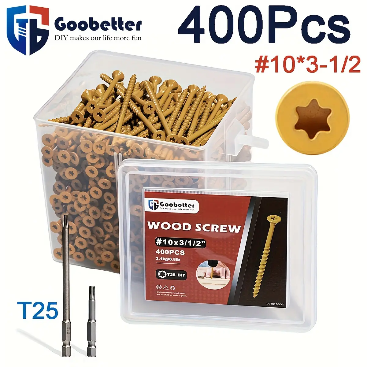 400 500pcs Deck Screws Set T25 Torx Self Tapping Wood Screws Exterior Deck Screws, #10*3-1/2 Rust Resistant Exterior Deck Screws With Yellow Ceramic Coating-for Easy Installation - Ideal For Wood Fastening