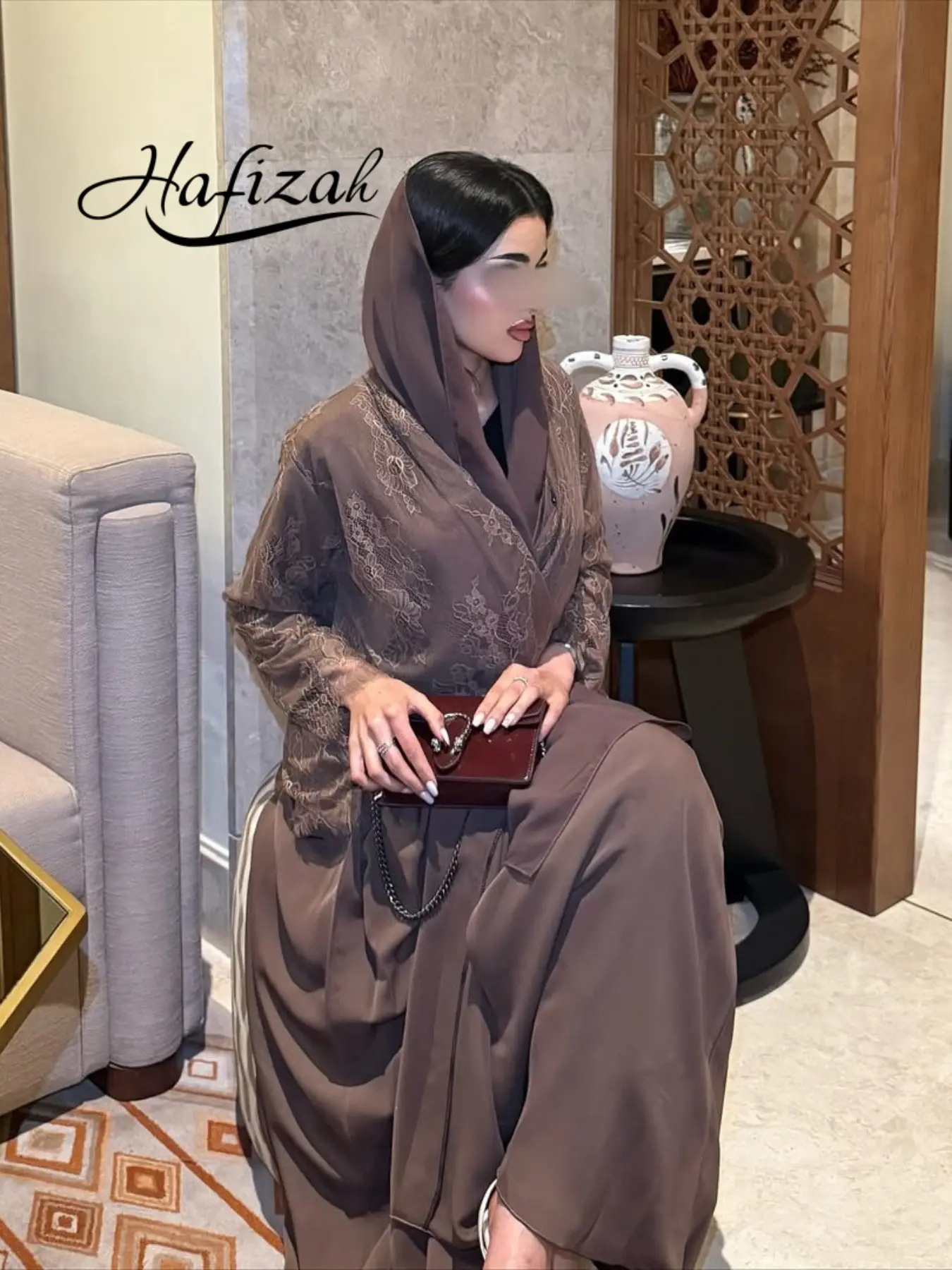 Hafizah Coffee Color Lace Patchwork Long Cardigan, Sheer Sleeve Elegant Formal Outerwear, Perfect for Parties and Office, Women's Fashion