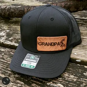 Grandpa Catfish Fisherman Hat in Black - Personalized Leather Patch Snapback Richardson Hat