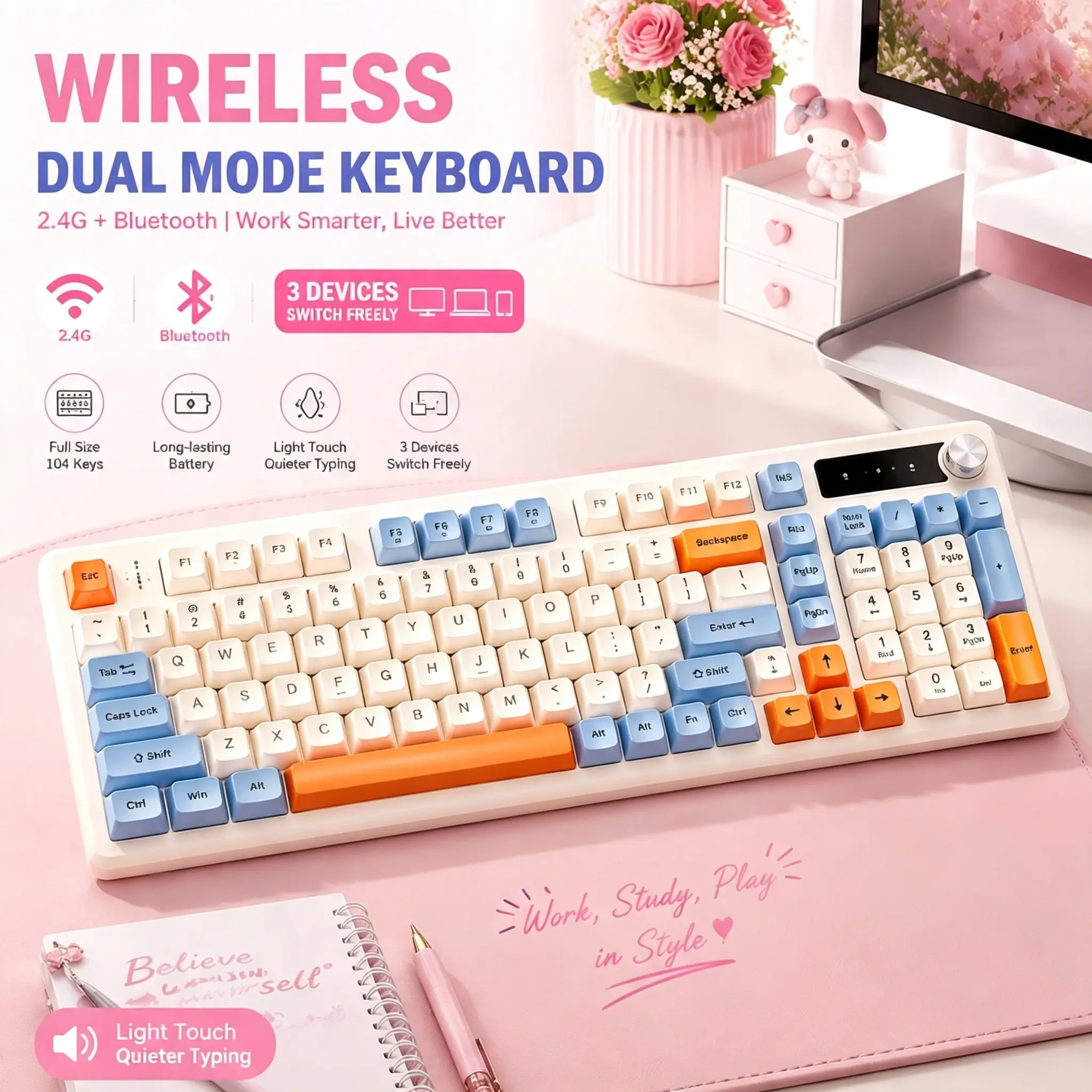 Wireless 98 Keys Keyboard, Bluetooth & 2.4G Dual Mode Keyboard, Gasket Mount Keyboard with Numpad & Multifunction Knob, Aesthetic Pastel Keyboard for Office Gaming All Laptops