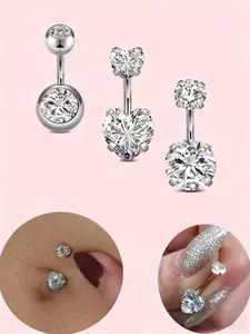 Stainless Steel Navel Ring for Women, Silver Color Cubic Zirconia Belly Button Jewelry, Simple Design, 6mm Diameter, Party Wear, Body Piercing Jewelry, Body Jewellery, Belly Button Rings