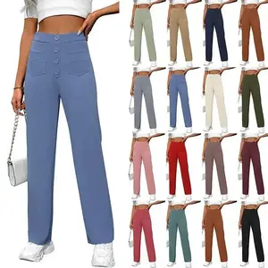 New European and American Spring and Autumn Women's Trousers High Waist Pocket Wide-leg Button Casual Loose Straight Pants