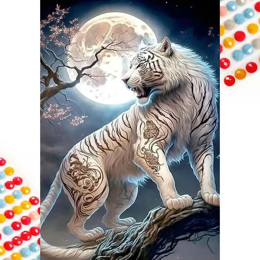 5D DIY Full Drill Round Diamond Painting - Diamond Art Kit White Tiger Full Moon Mosaic, Canvas - DIY Decorative Painting, Home Wall Decoration, Suitable for Halloween and Christmas, Birthday and Anniversary Gifts, Diamond Painting Kits