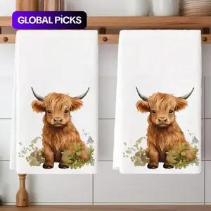 2pcs Highland Cow Design Kitchen Towels Set, Fluffy Wash Rag, 100% Ultra-Fine Microfiber Material, Soft and Durable for Home Décor and Everyday Use #GLOBAL PICKS