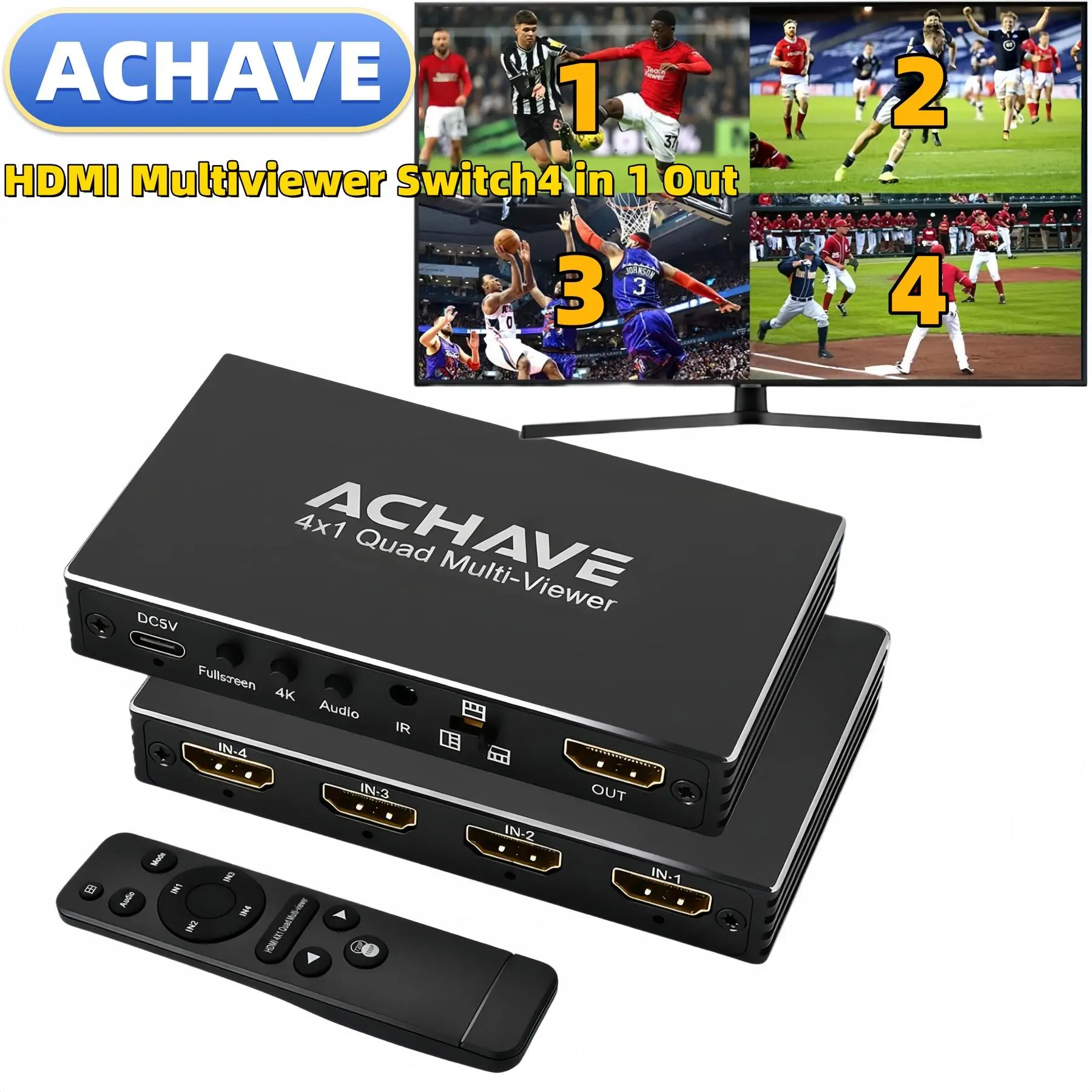 ACHAVE 4x1 HDMI Quad Multi-Viewer Switch - 4 HDMI Inputs, 1 Output, 1080P/4K, 5 Display Modes, Remote Control, Cable Included for Security Cameras, Gaming Consoles, DVD, TV Boxes