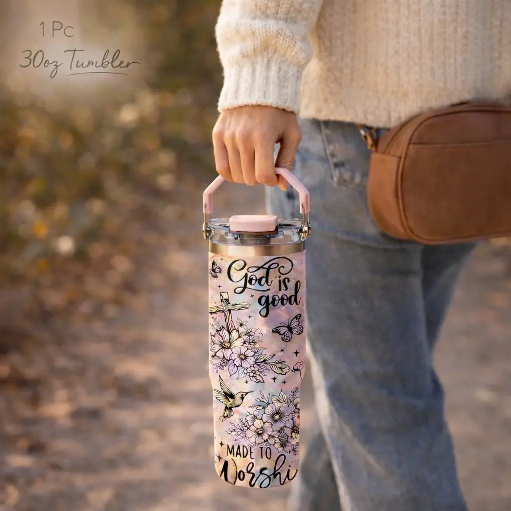 1 Pc 30oz insulated vacuum flask mug, double wall vacuum, leak proof lid, portable handle tumbler, keeps hot 12h cold 24h, floral faith design gift, aesthetic lifestyle cup for women men, daily use travel coffee drinkware, durable stainless steel