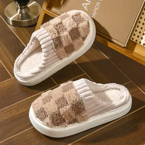 Checkered Fuzzy Slippers Cozy Plush Indoor House Shoes Warm Bedroom Slippers for Women Men