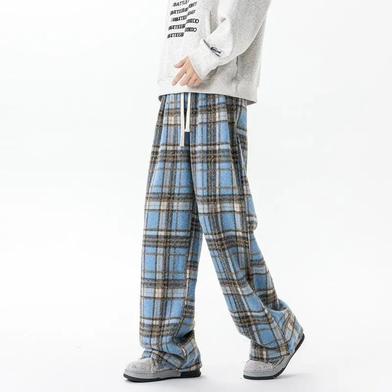 Men's Elastic Drawstring Waist Plaid Wide Leg Long Pants Side Slip Pockets Loose Full Length Bottoms For City Walks Weekend Hangouts And Street Style Occasions Retro Check Pattern Casual Trousers For Versatile Everyday Outfit Matching