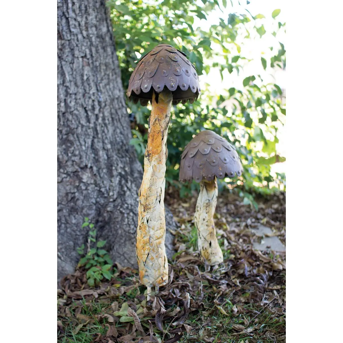 212 MAIN Set of 2 Metal Iron Mushroom Garden Decor - Rustic Rusted Paint Outdoor Decor, Animal Theme Mushroom Shape Fairy Garden Accent, Furniture Accessory