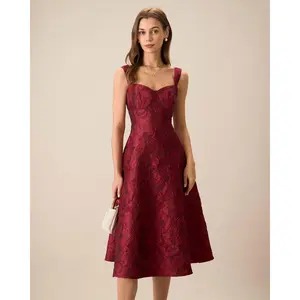 The Red Sweetheart Neck Jacquard Midi Dress
