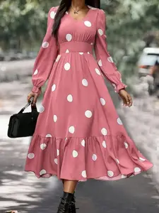 A ladies' polka-dot V-neck, trumpet-shaped long-sleeved, frilled hem A-line dress with elegant style Womenswear
