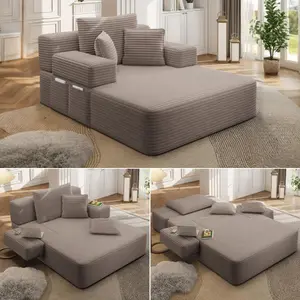 2-in-1 Oversize Corduroy Fabric Sofa Bed - Pre-Built, Spring Cushion, Full-Body Support, Textured Upholstered Sofa Chaise Lounge, Reversible Convertible, Fast Conversion, Living Room Indoor Furniture