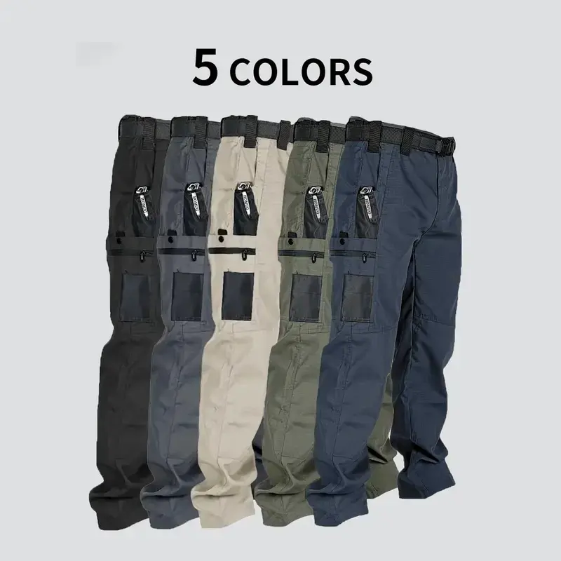 Menswear Plain Tactical Cargo Pants for Men - 230g/m² New Polyester, Mid Waist, Athletic Fit, Belt-Compatible, Zipper Closures, Multiple Pockets, Durable, Ankle Length, All Seasons, Hiking Use, Black + Grey, Do Not Dry Clean