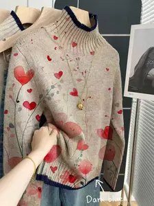 Women's Valentine's Day Knit Sweater, Heart Pattern Gradient Color Block Design, Casual Elegant Half High Neck Pullover for Spring Fall Winter