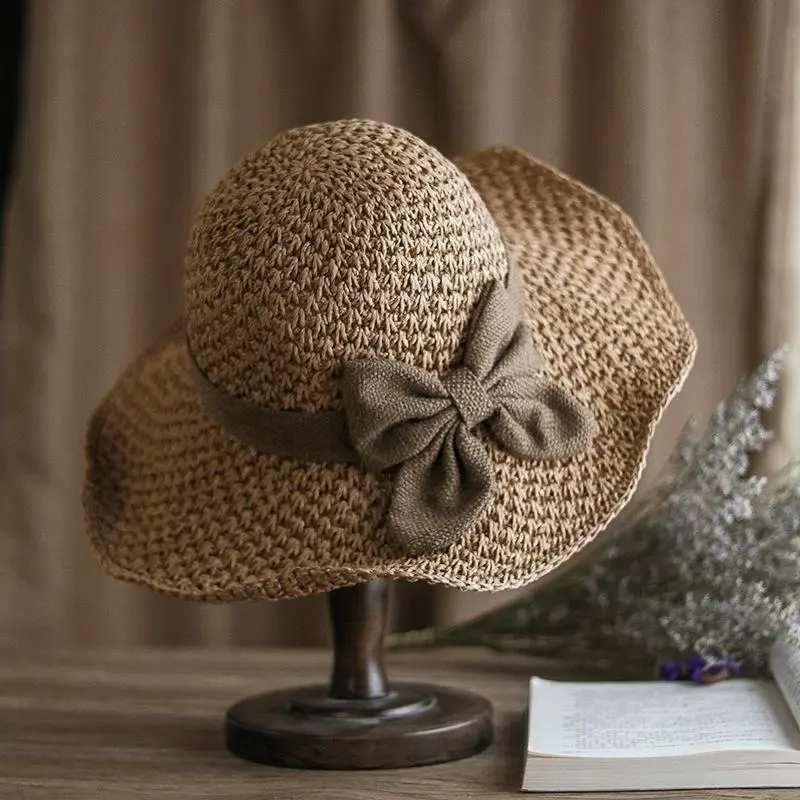 Versatile retro woven handmade straw hat with ruffled bow,elegant French sun hat, foldable, breathable travel beach hat.