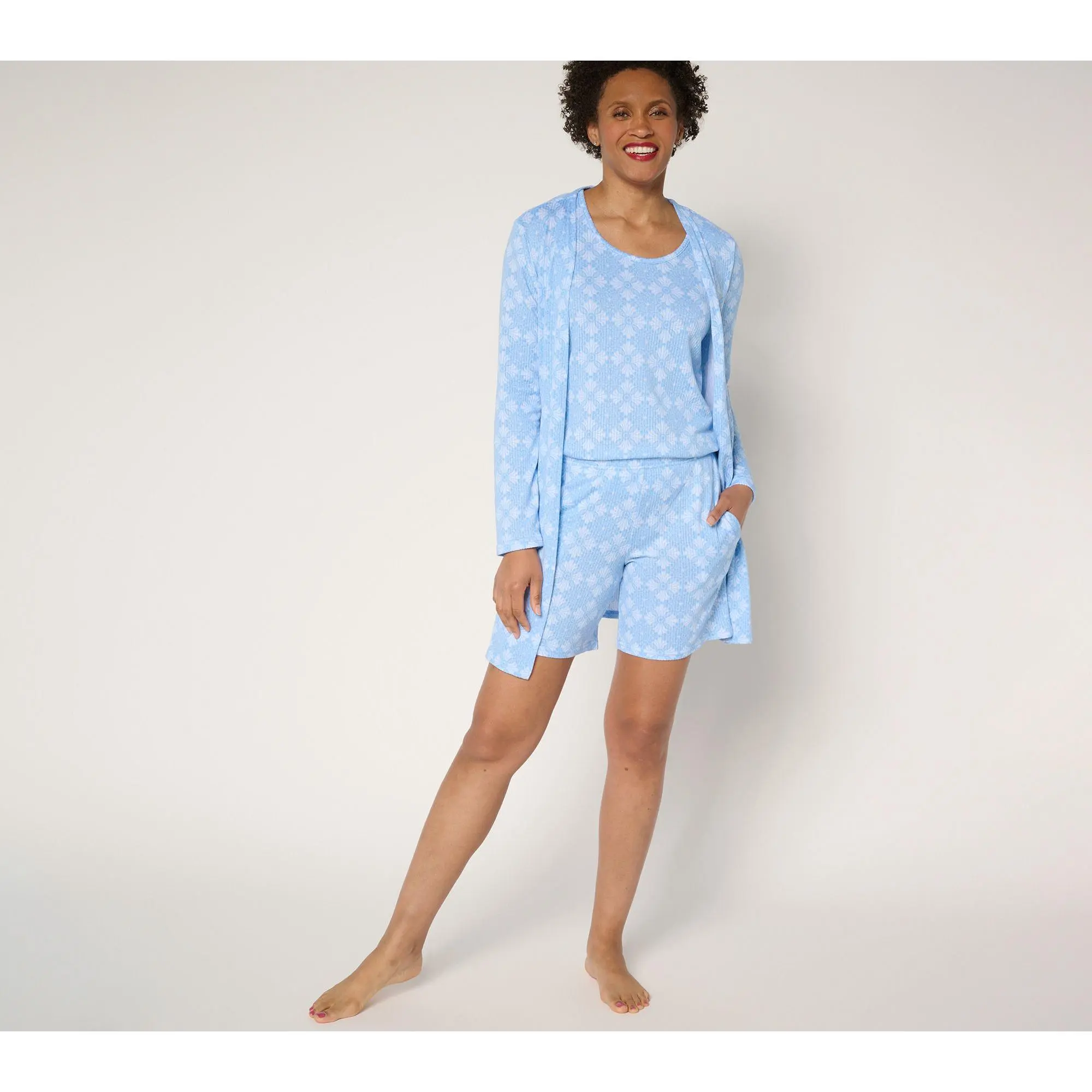 MUK LUKS Textured Butter Knit Tank, Short, & Wrap Pajama Set