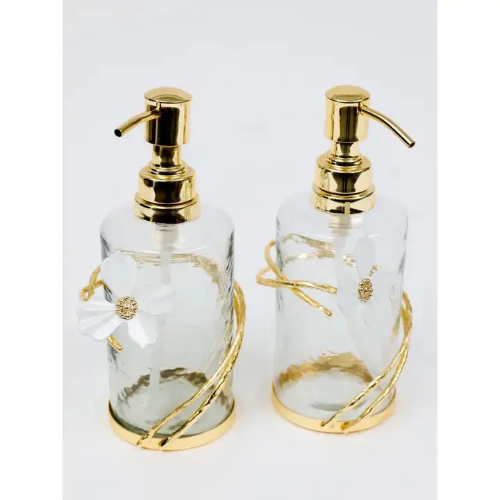Gold Glass Soap & Lotion Dispenser w/Jasmine Flower Décor