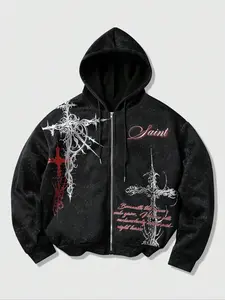 Gothic Cross Skull Graphic Print Hoodie, Goth Sweatshirt, Gothic Hoodies, Streetwear Full Zip Jacket, Punk Y2K Aesthetic, Casual Fitted Design, Fall & Winter Fashion