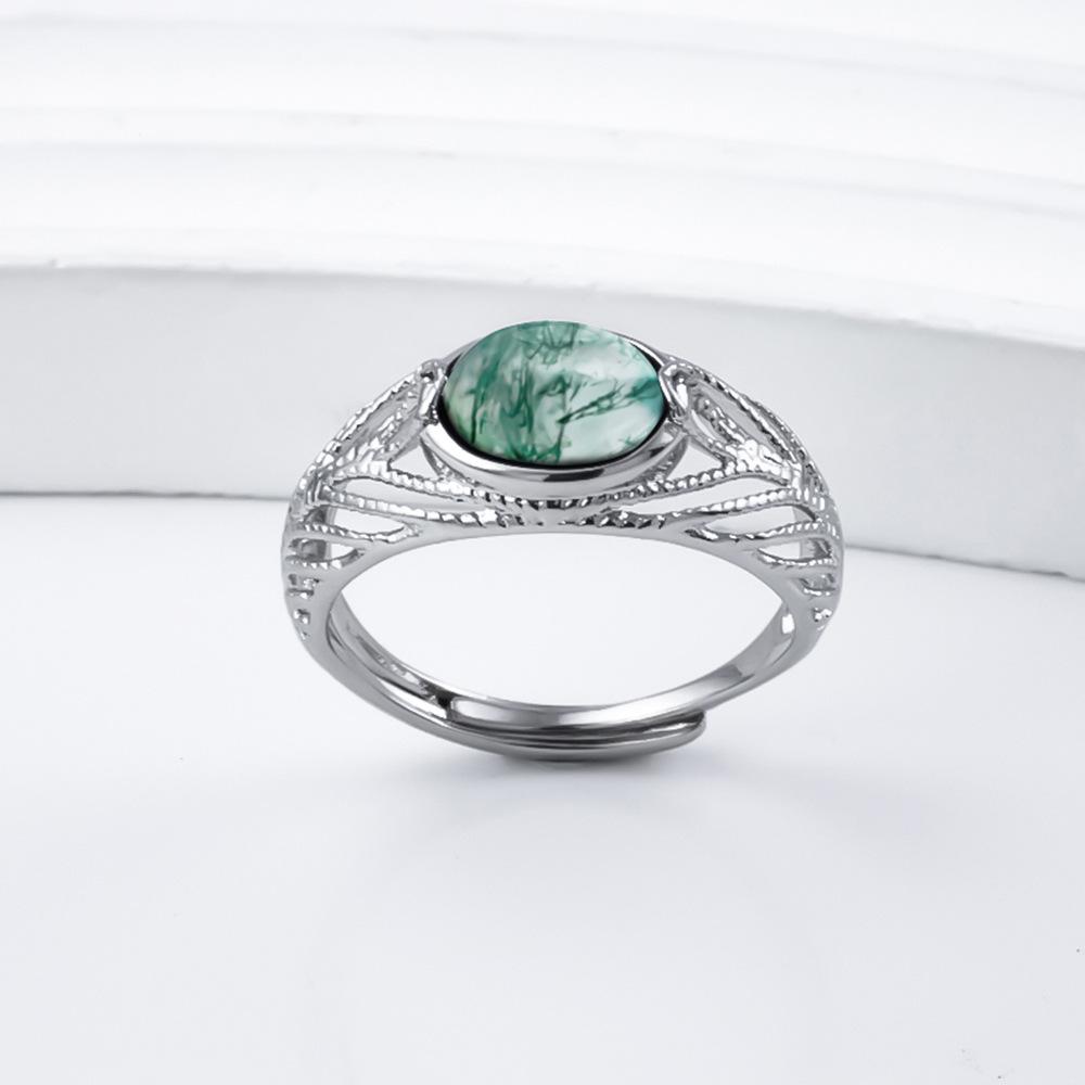 Vintage 925 Sterling Silver Moss Agate Ring for Women  Band Filigree Leaf Design Natural Green Stone Statement Jewelry Boho Aesthetic Promise Ring Birthday Gift for Her