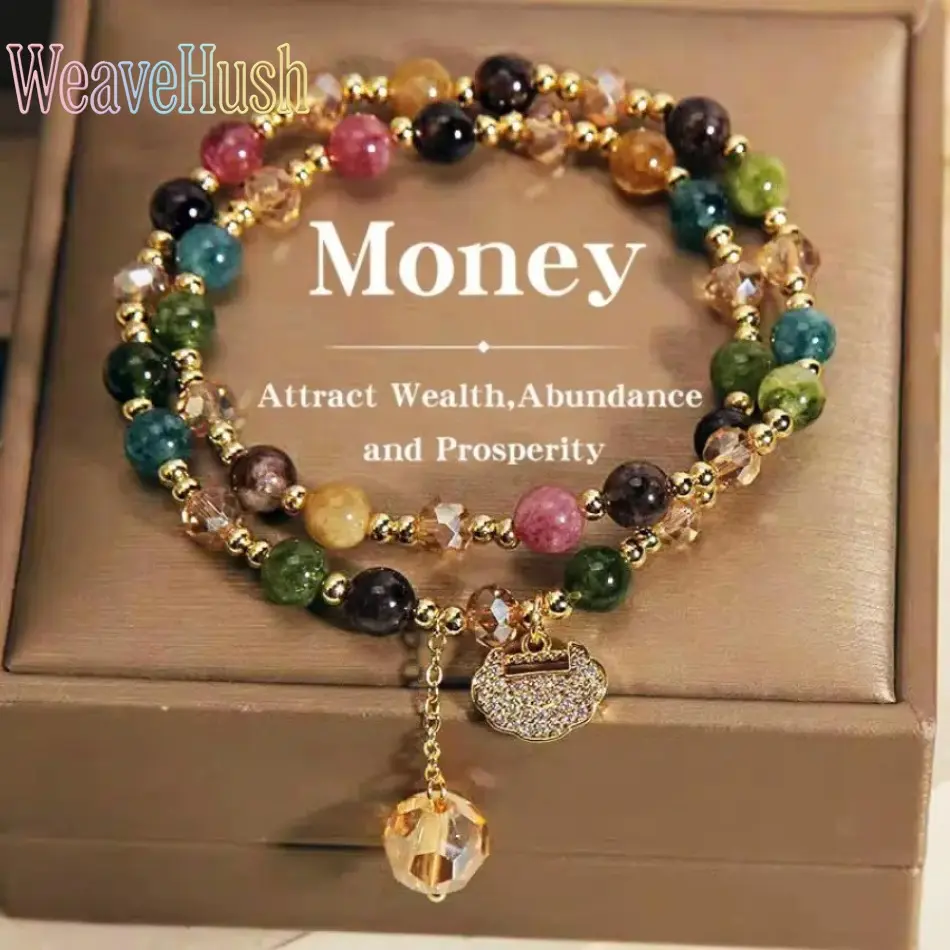 Double Layer Rainbow Tourmaline Round Bead Bracelet - Beaded, Boho Style with Longevity Lock Charm, Color Design, Bohemian Jewelry for Daily Wear, Yoga Gifting, Beaded Bracelets, Boho Bracelets