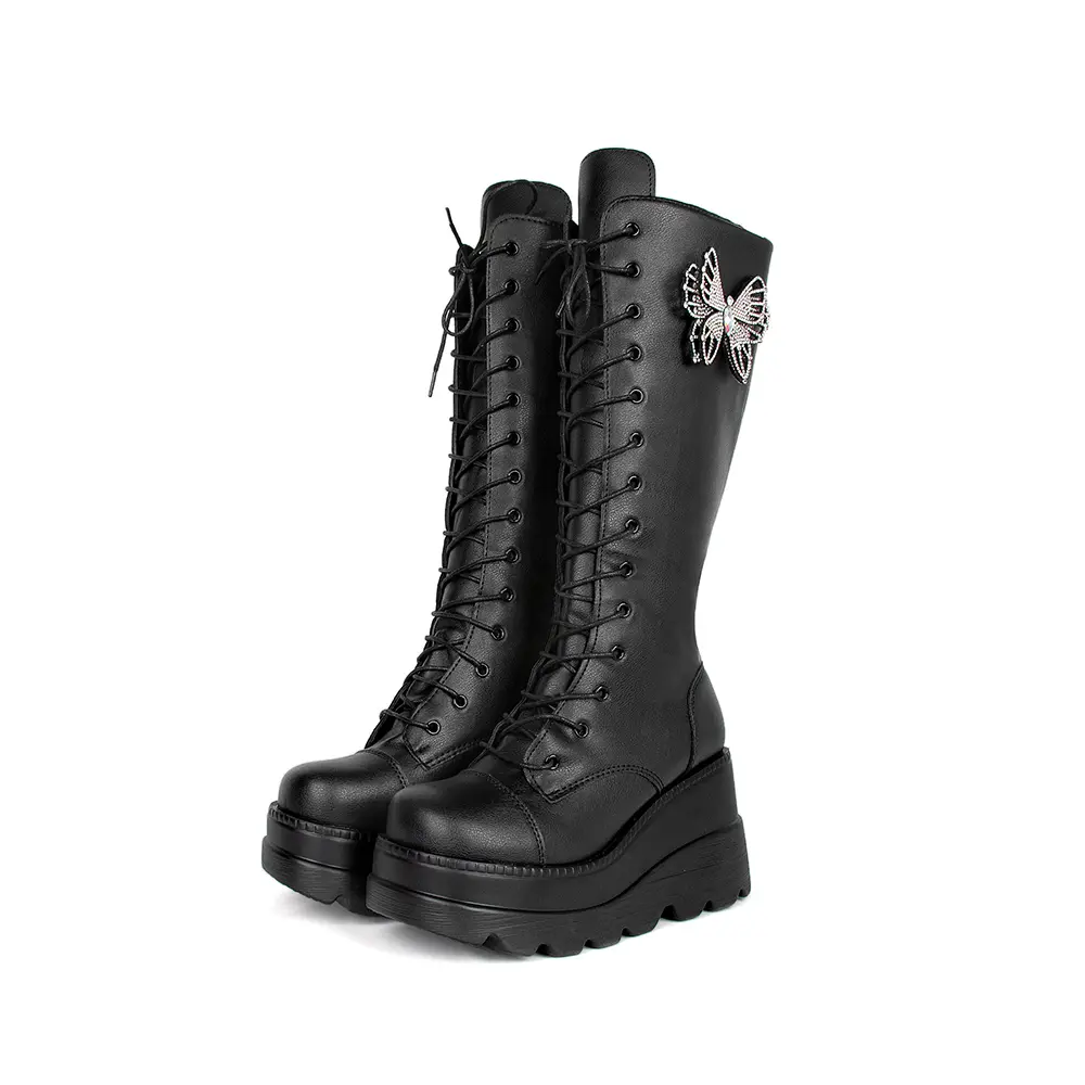 Women's Pink Rhinestone Butterfly Solid Leather Footwear, Lace-Up Knee-High Platform Boots with Rubber Chunky Wedge Sole, Y2K Gothic Style Shoe