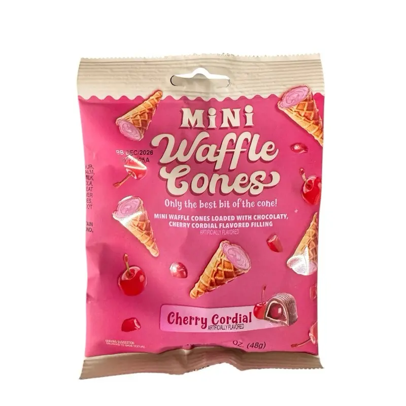 Mini Waffle Cones - Loaded With Chocolaty Cherry Cordial Flavor Filling, 1 Bag (48g) - Snack Bites, Chocolate Sweet Treat for All Ages, Perfect Bite-Sized Treat