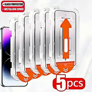 5 Pack Ultra HD Tempered Glass Screen Protector for iPhone 17 Pro Max/16 Pro Max/16/15/14/13/12/11/Plus/Mini/XS Max/XR/X, One-Click Film Applicator, 9H+ Tempered Glass Film, Anti-Fingerprint, Full Coverage, Case Friendly, Accessories
