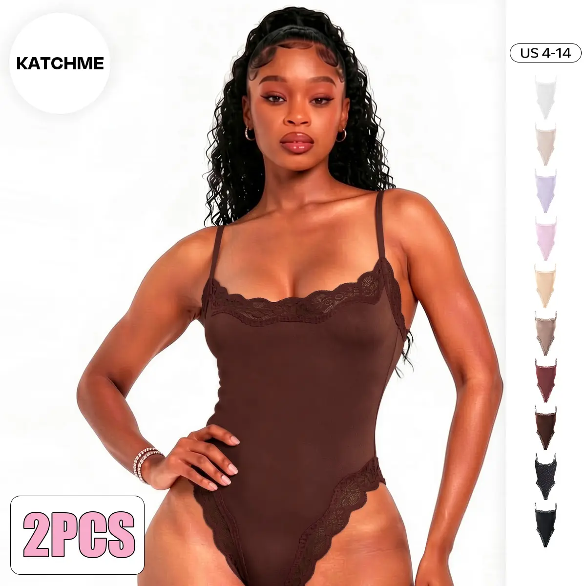 KatchMe Lace Series Women's Spaghetti Strap Lace Trim Breathable Bodysuit, Minimalist Chic Sleeveless Bodysuit, Seamless Fitted Plain Lightweight Bodysuits