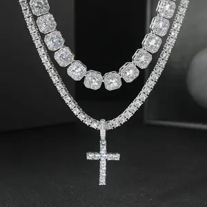 Hip Hop Necklaces Set, 2-Piece Unisex Jewelry with Cross Pendant Cuban Chain & 10mm Icy Cluster Zirconia Tennis Chain, Cross Necklace, Icy Crystal Effect